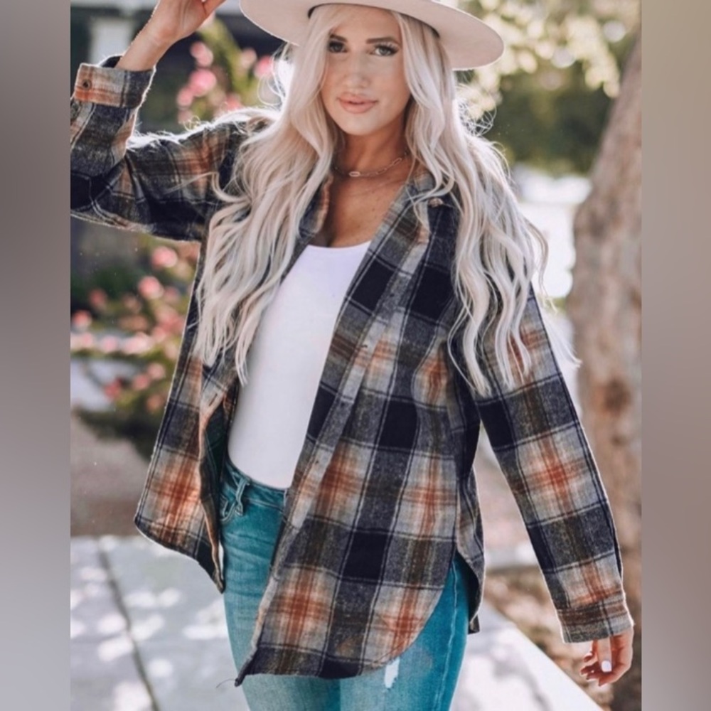 Flannel Plaid Button Down Shirt Black & Orange NWT Small